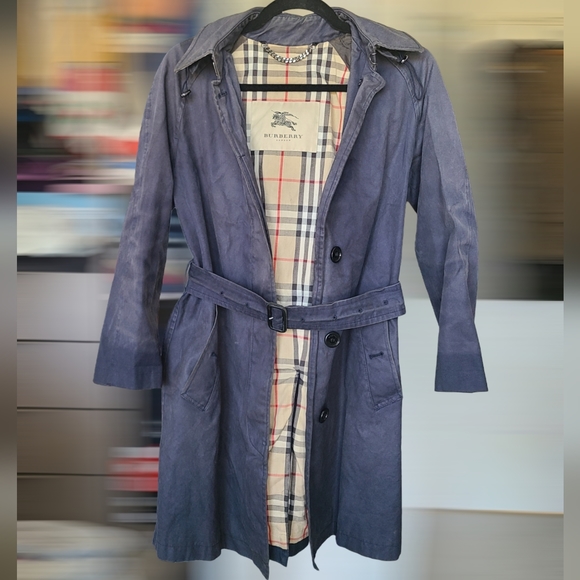 Burberry Bobbington Women Trench Coat in Navy Check Hooded 💯 authentic